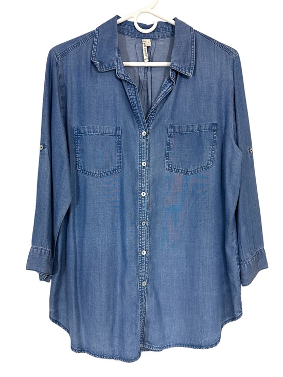 grand & greene Tops - Grand & Greene 100% Tencel Roll Tab Sleeve Button Front Shirt